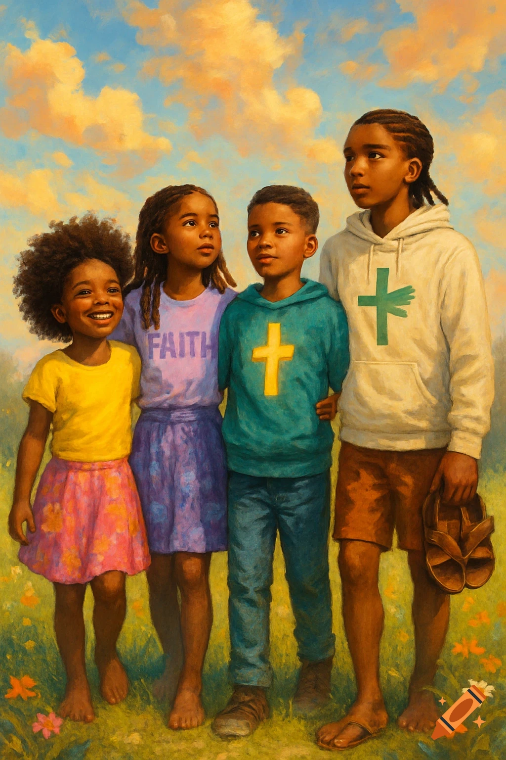 Four Black children stand in a sunlit grassy field, looking up. One wears 'FAITH', two wear crosses. Painted portrait.