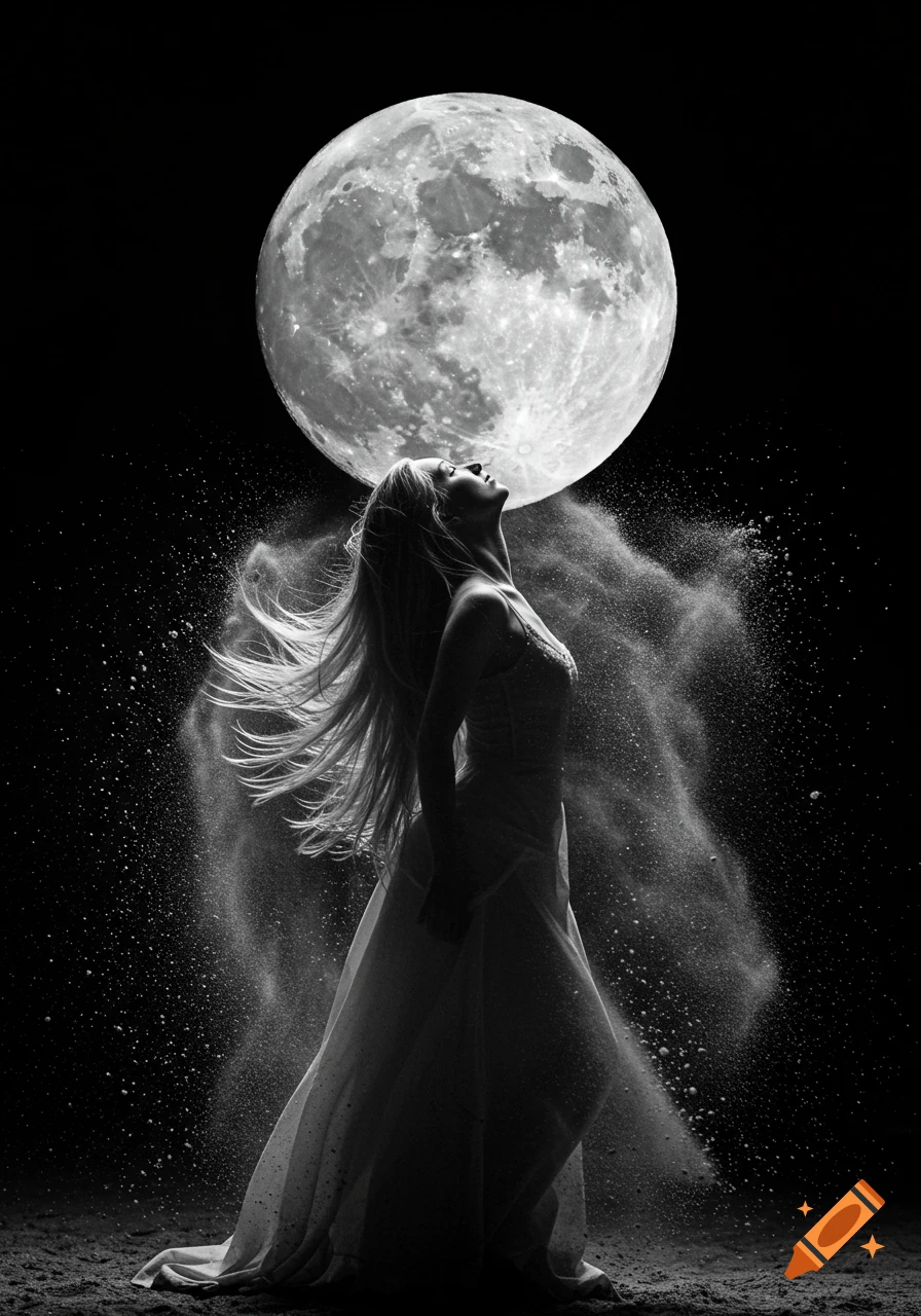 Black and white portrait of a woman with long hair flowing upwards, standing under a full moon amidst swirling ashes.