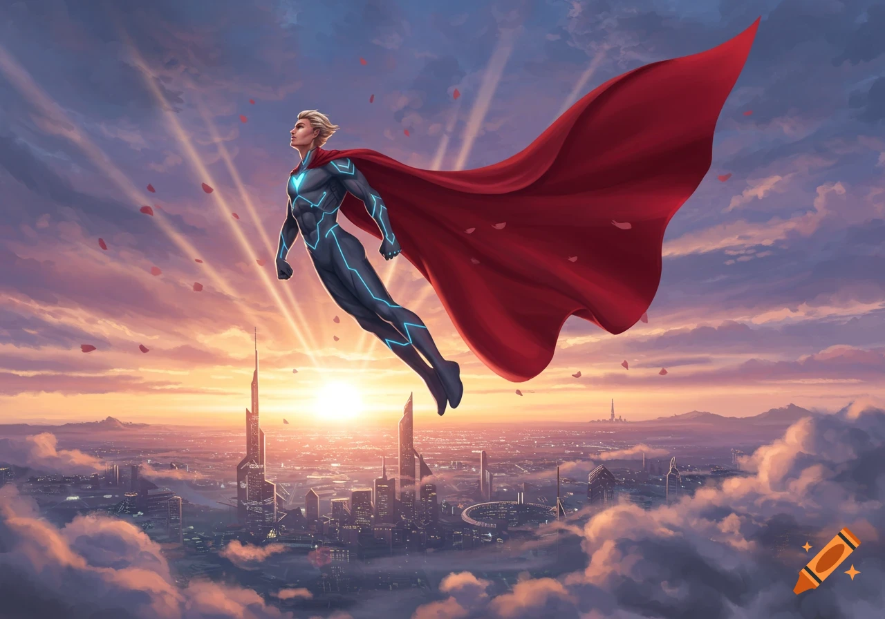 A male superhero with a red cape flies high above a futuristic city bathed in sunset light, looking heroic.
