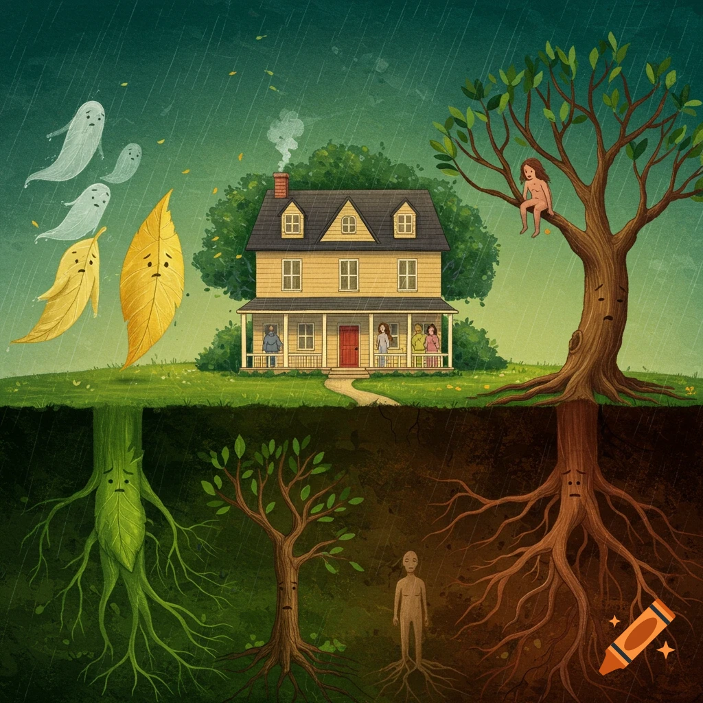 An illustration of a house, trees with a nude child, sad leaves and ghosts in rain, with metaphorical roots and figures underground.
