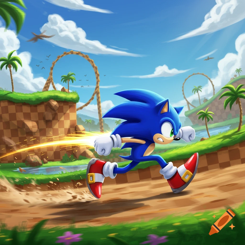 Sonic the Hedgehog runs at super speed through a vibrant, classic Green Hill Zone-style level with palm trees and loop-de-loops.
