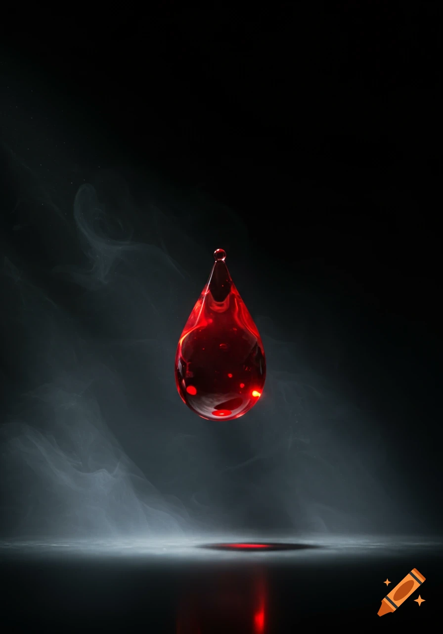 A luminous red liquid droplet, resembling blood, floats above a reflective dark surface amidst swirling smoke against a black background.