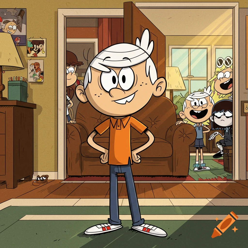 Cartoon of Lincoln Loud standing in his living room, smiling, with several of his sisters peeking from behind furniture and a doorway.