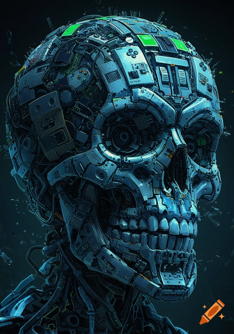 Highly detailed cyberpunk skull crafted from electronic components and cables on a dark background.