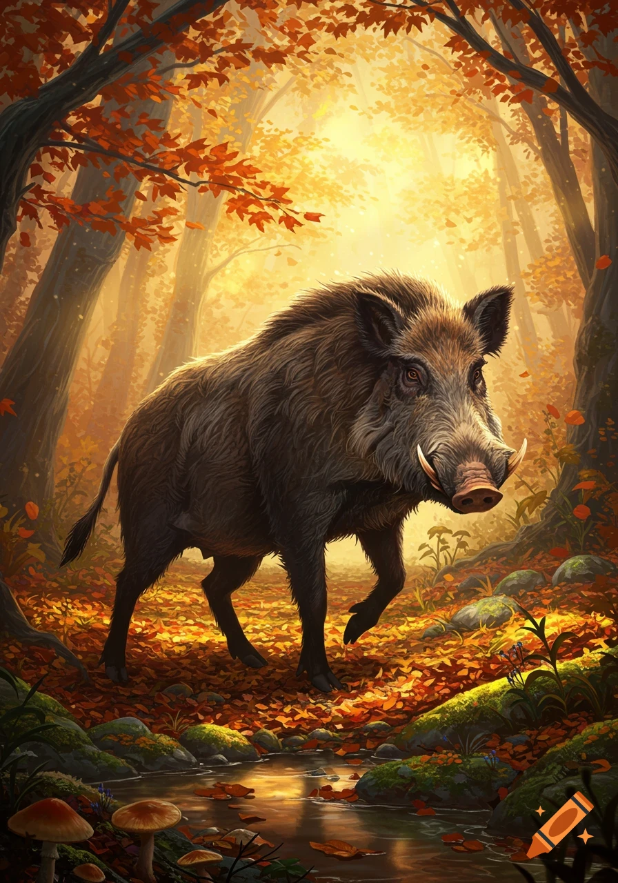 A powerful wild boar with tusks walks through a golden autumn forest, sunlight filtering through the orange leaves onto a stream and mushrooms.