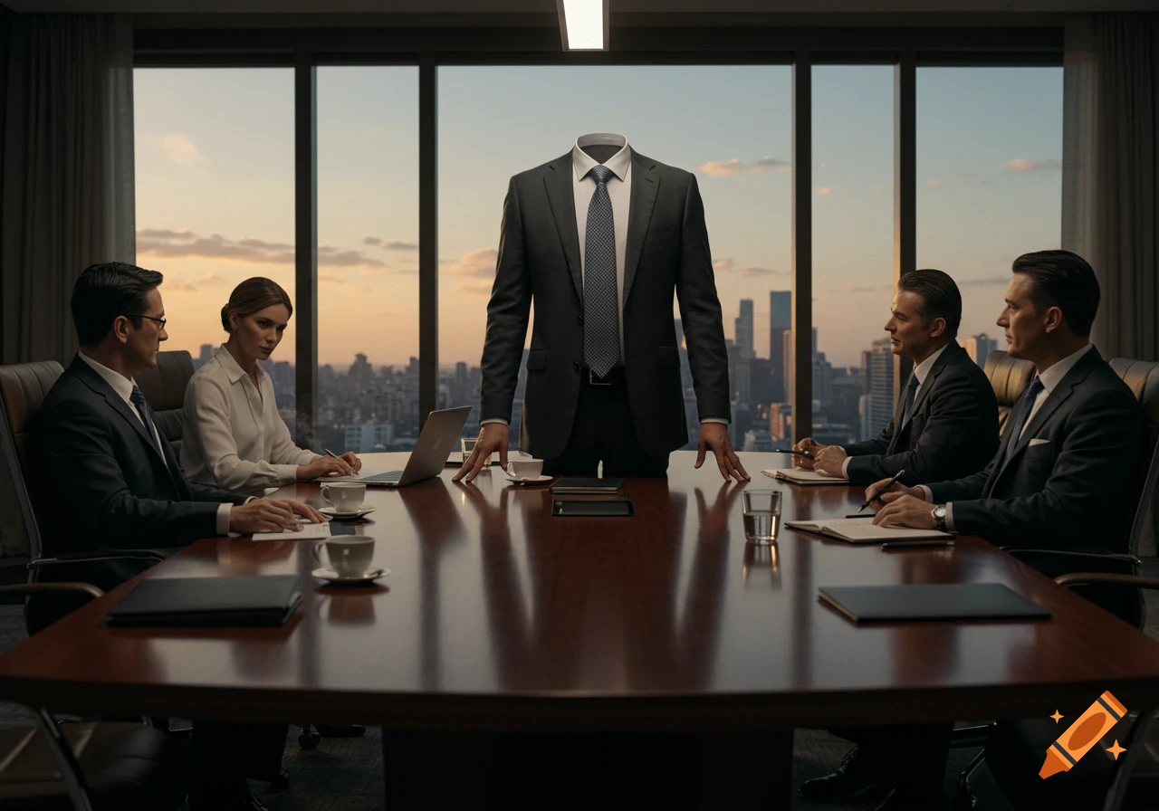 A photorealistic business meeting with executives and an invisible person represented by an empty suit, in an office at sunset.
