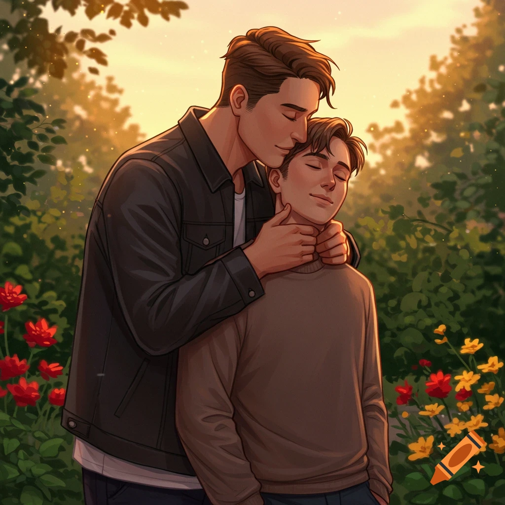 Two illustrated men embrace lovingly in a sunny, flower-filled garden, one kissing the other's neck.