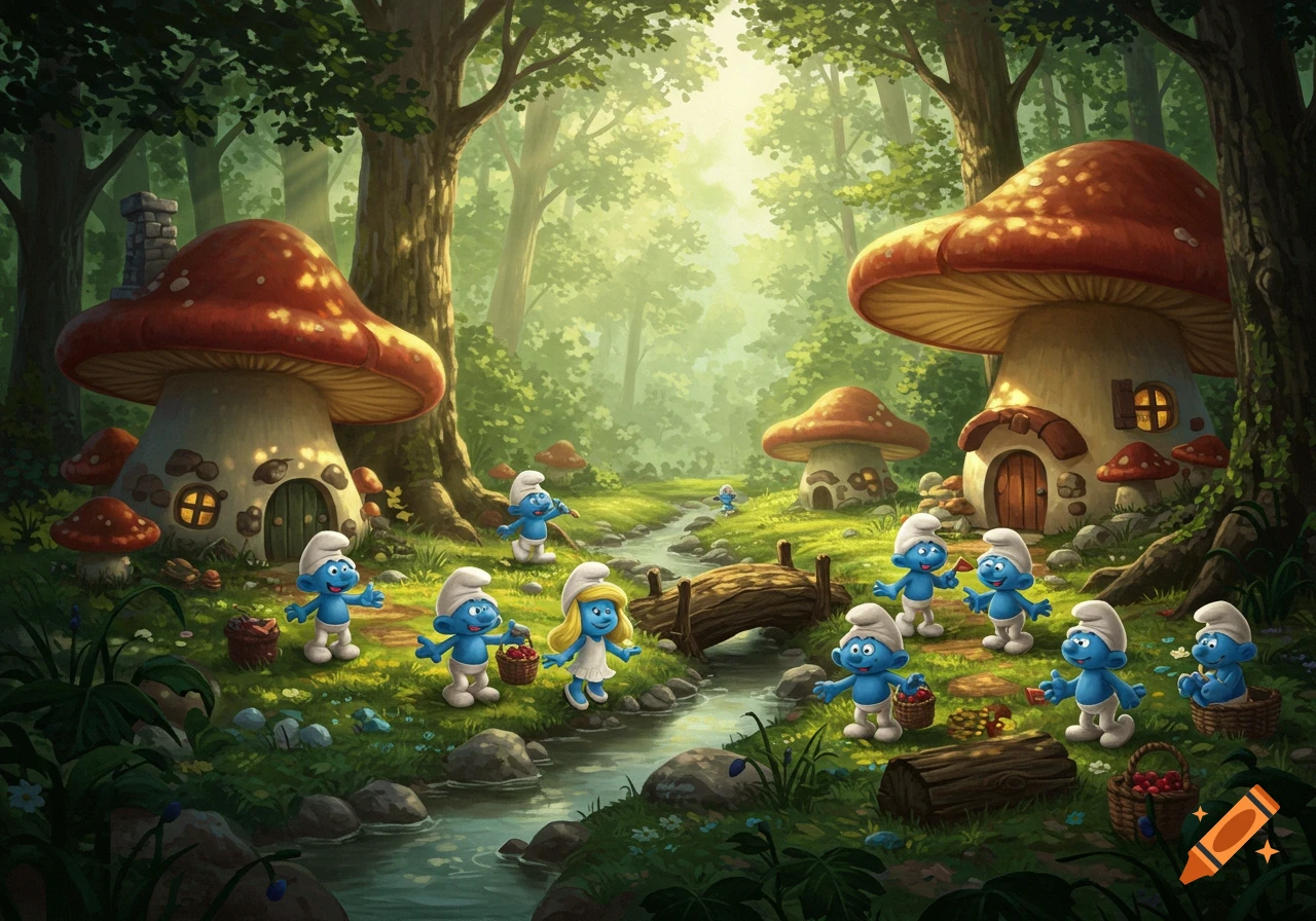 Cartoon Smurfs and Smurfette in a vibrant forest with mushroom houses, a stream, and trees.