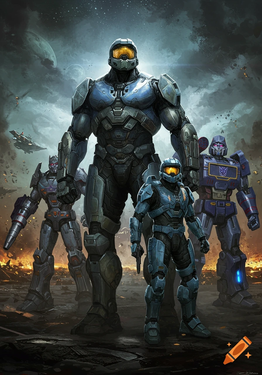 An epic crossover illustration features a large Master Chief flanked by two Transformers, Megatron and Soundwave, with a smaller Master Chief in front. They stand on a desolate, battle-scarred planet under a cloudy sky with planets visible.