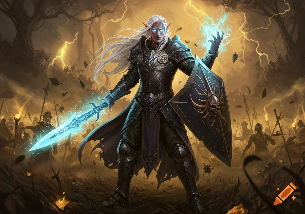 An elf paladin with long white hair in dark armor holds a glowing sword and shield, summoning magic in a stormy battlefield.
