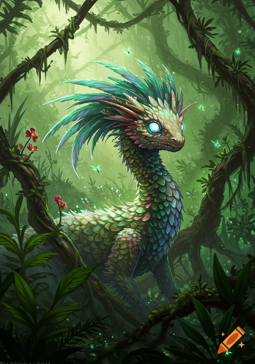A vibrant, scaly mythical creature with glowing blue eyes and green feathers stands in a lush green jungle with glowing insects.