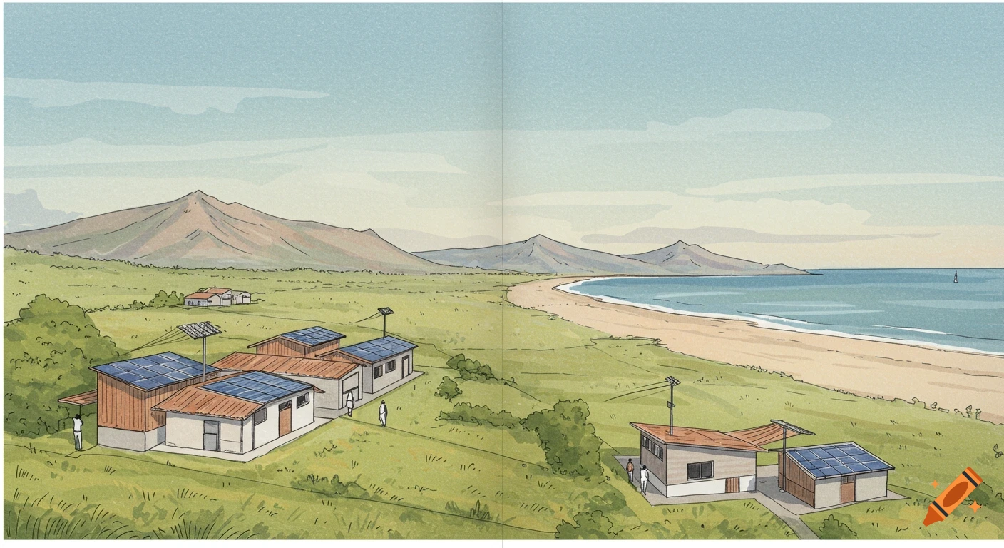 Watercolor illustration of coastal homes with solar panels near a beach, mountains in the distance.