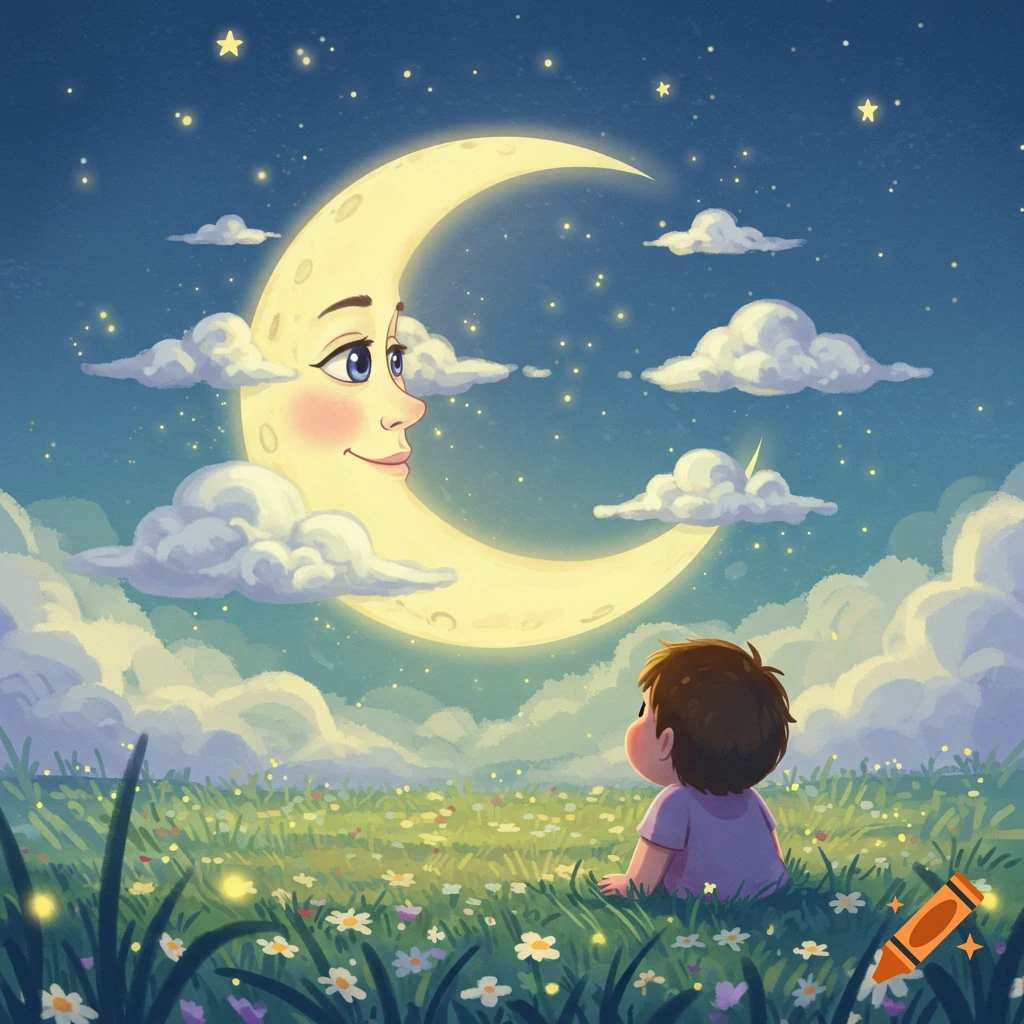 A cute illustration of a child sitting in a flower field, looking up at a smiling crescent moon with a face in a starry night sky.