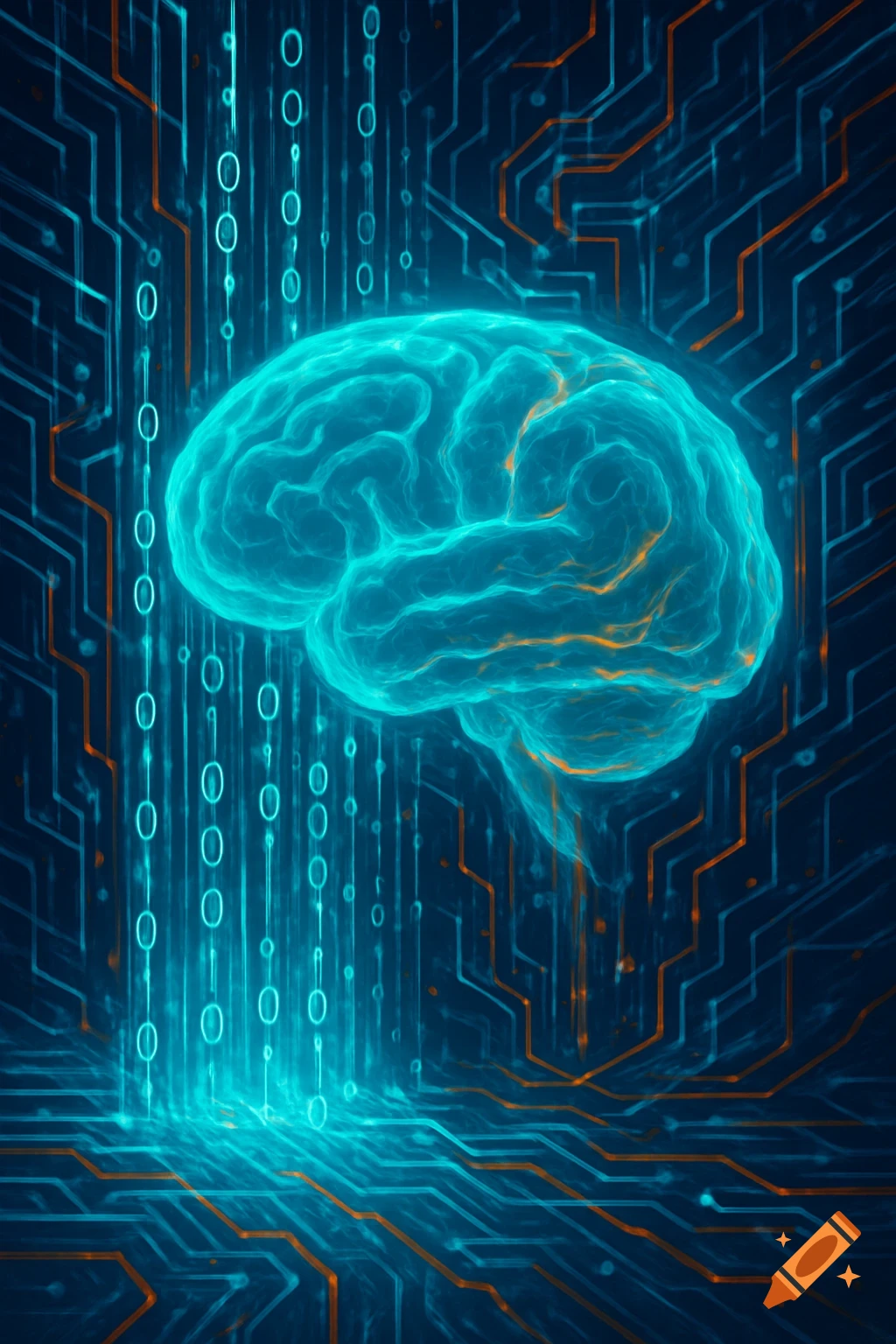 Glowing teal brain with orange circuit board patterns and falling binary code on a dark background.