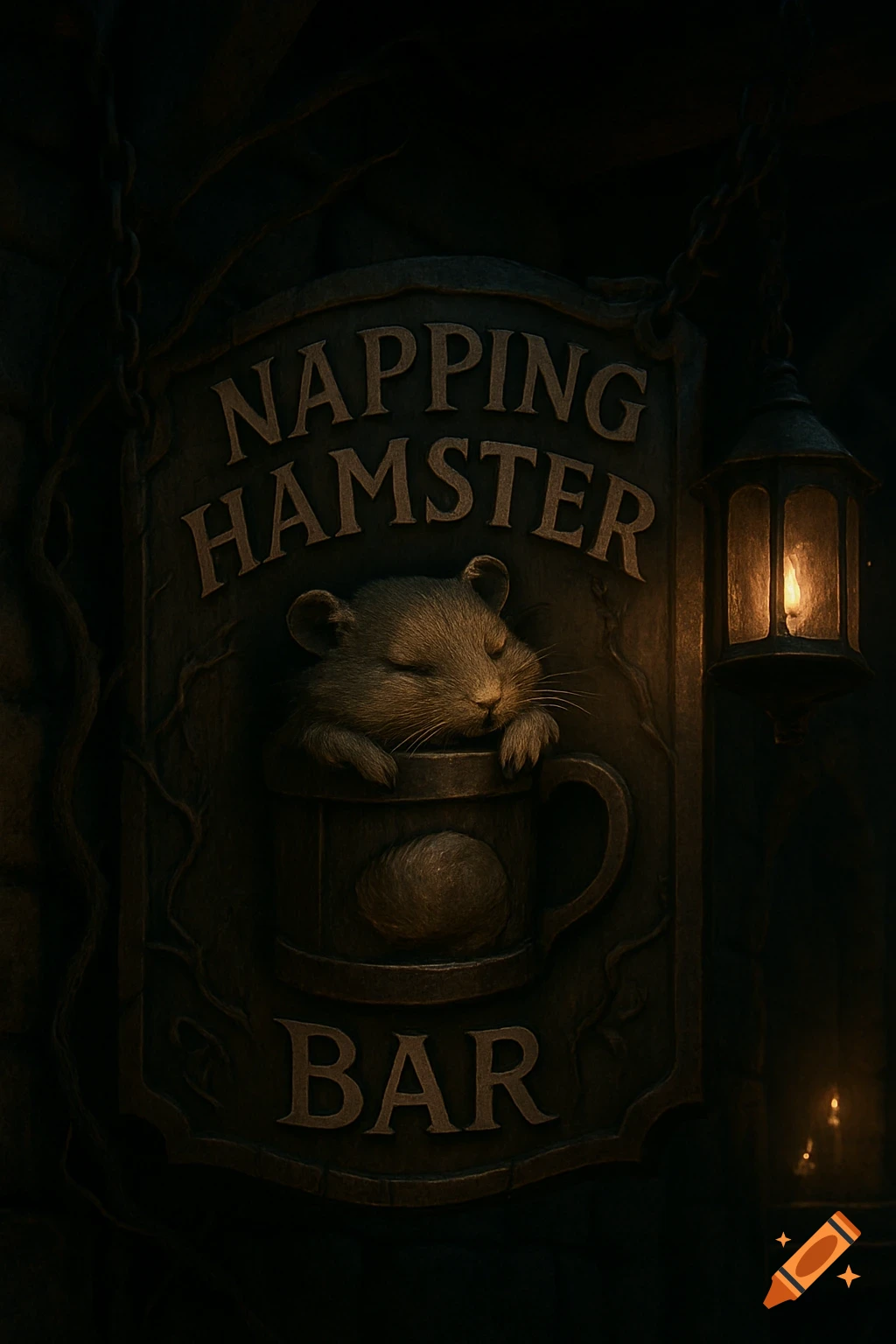 A grim, dark tavern sign features a sleeping hamster in a mug, with glowing text 'NAPPING HAMSTER BAR' and a lit lantern.