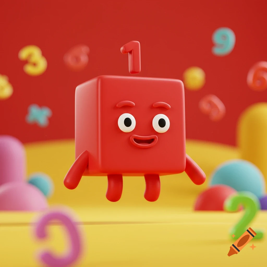 A cheerful red block character with the number 1 on its head, floating on a yellow and red background with blurry colorful numbers. 3D render.