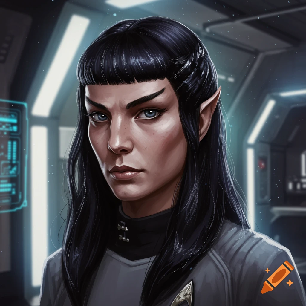 A close-up portrait of a Vulcan woman with dark hair and blue eyes, in a futuristic spaceship.