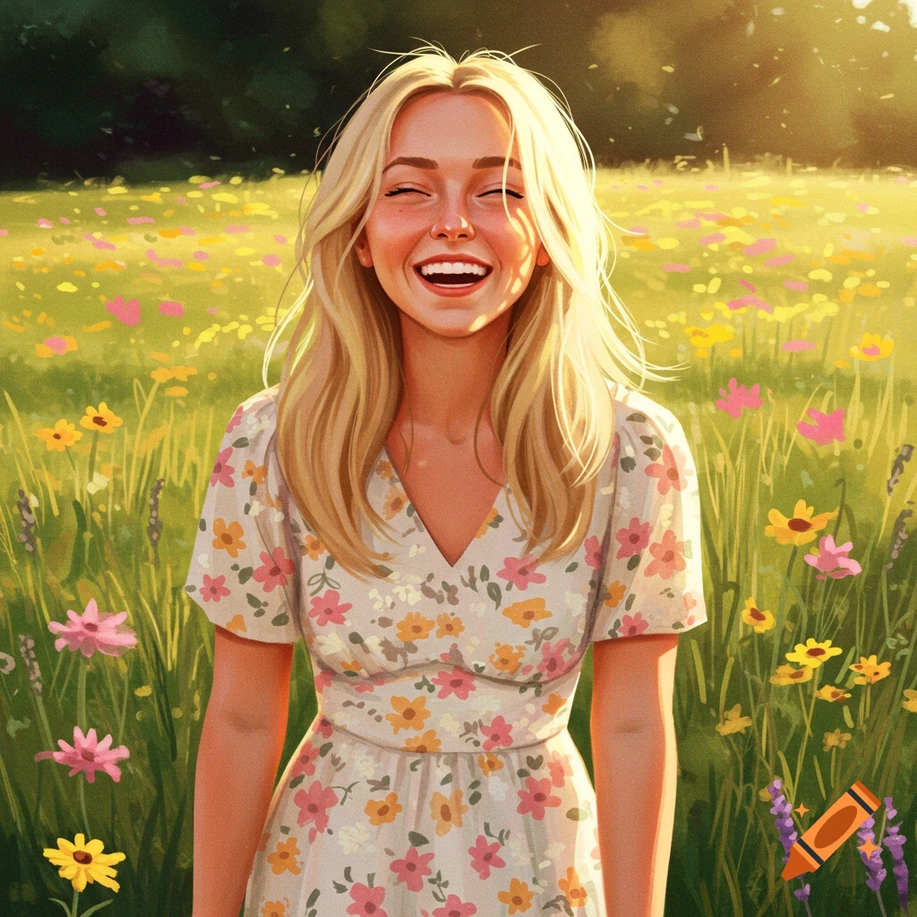 Illustrated portrait of a broadly smiling blonde woman in a sunlit field of colorful wildflowers.