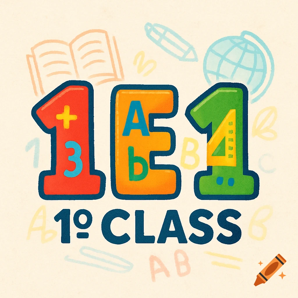 Playful cartoon logo for first grade with numbers '1 E 1', '1º CLASS', and school items like a book, pencil, globe, and ruler.