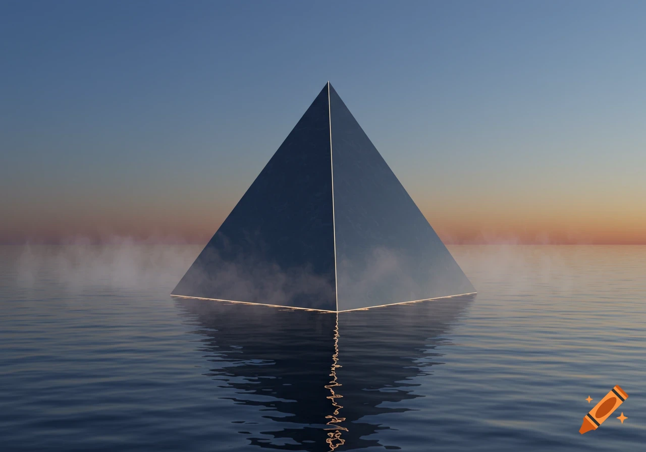 A large dark reflective pyramid rises from misty water against a vibrant sunset sky.