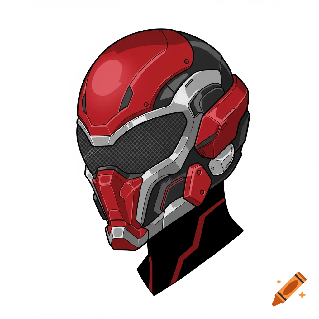 A red, black, and silver stylized sci-fi helmet with a mesh visor on a white background.