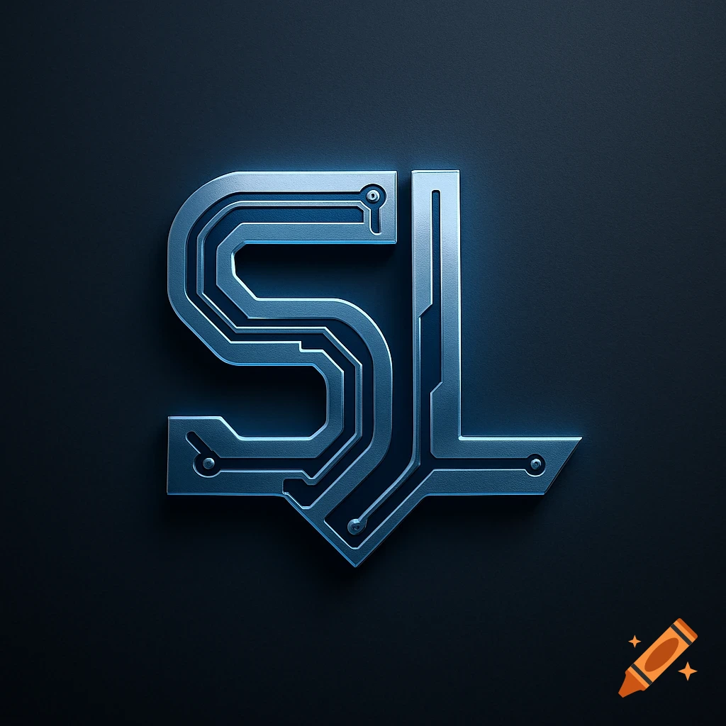 A stylized metallic logo for 'SL' with a circuit board design, glowing blue on a dark gray background.