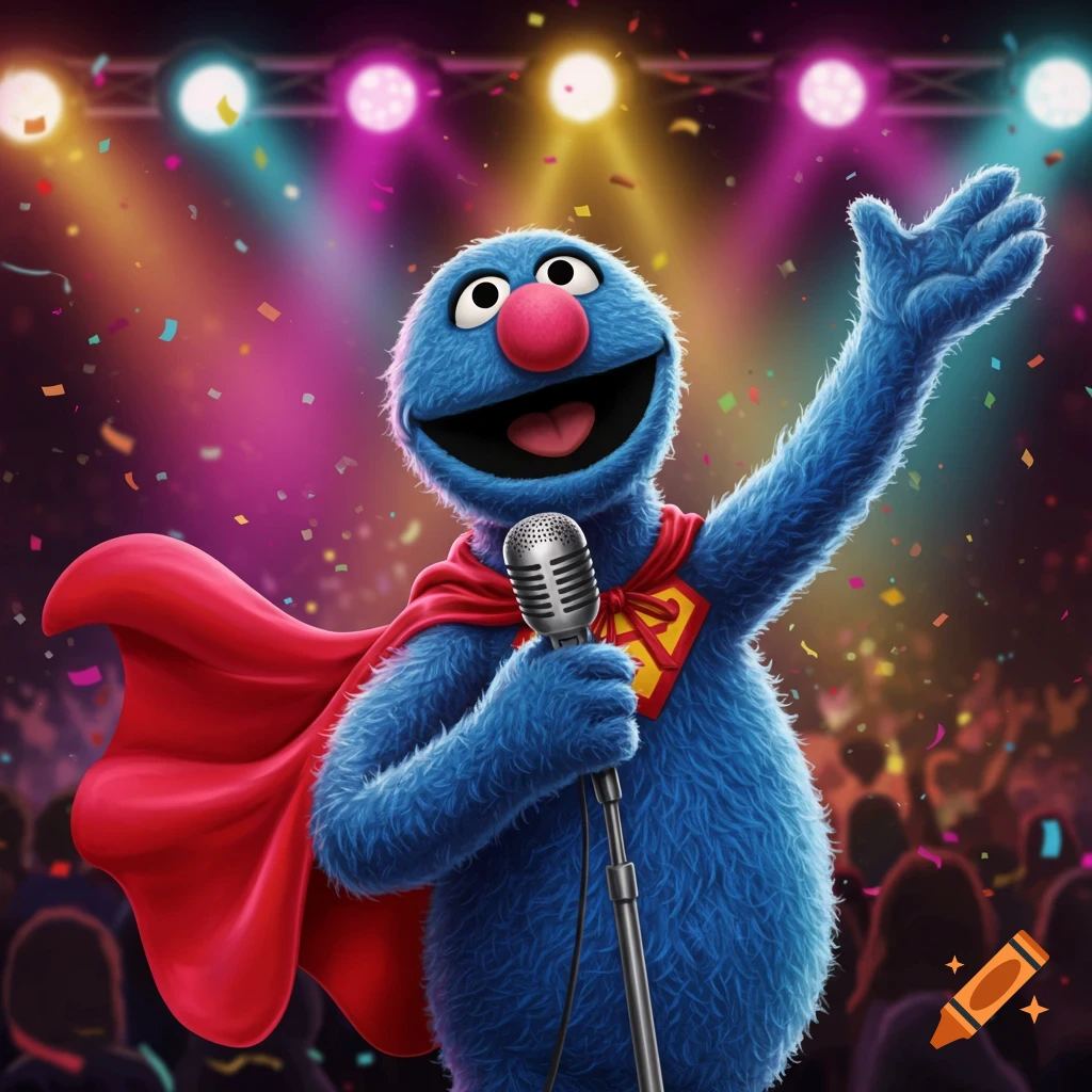 Super Grover sings into a microphone on a stage, surrounded by colorful spotlights and falling confetti.