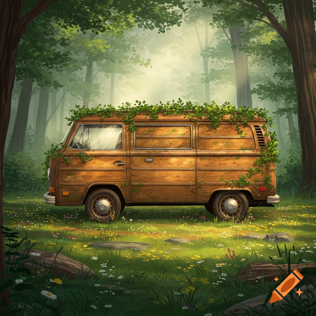 An old wooden van covered in green vines sits in a lush, sunlit forest clearing with wildflowers. Artistic illustration.