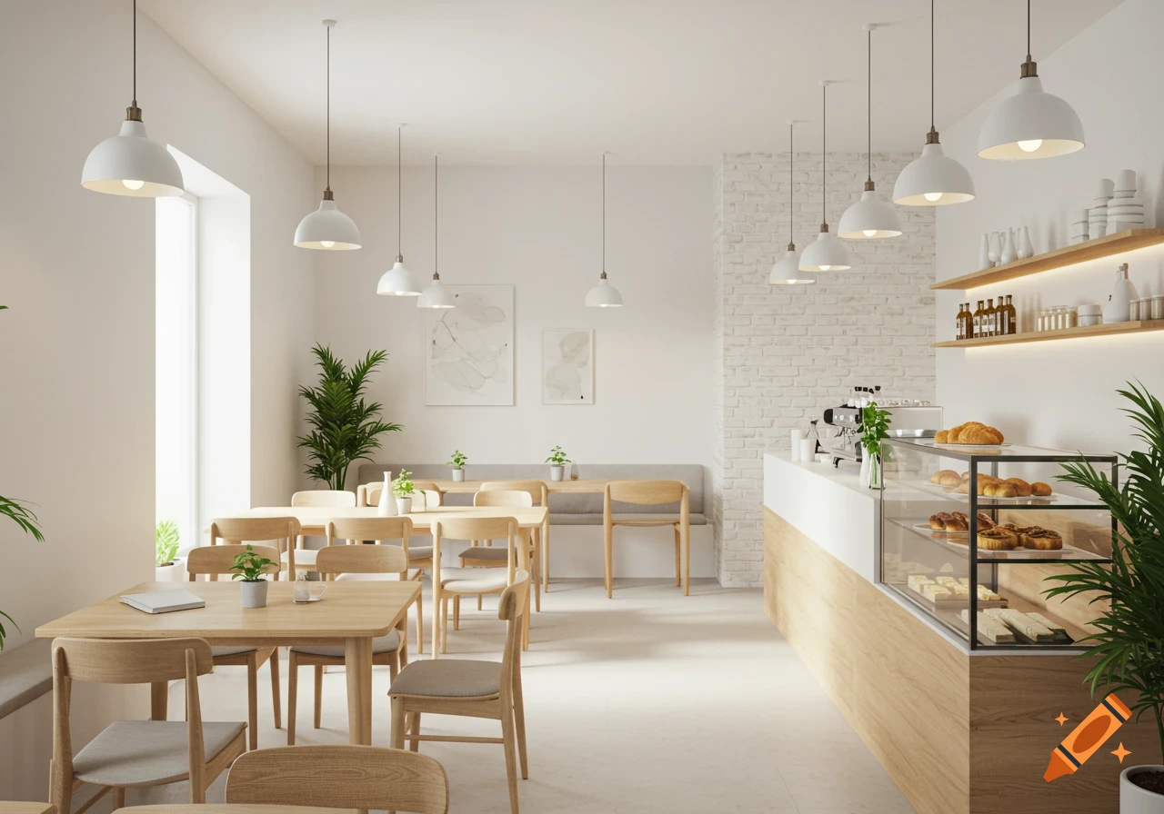 Bright minimalist cafe with wooden tables, chairs, and counter. Pastries are displayed in a glass case, green plants accent the white interior.