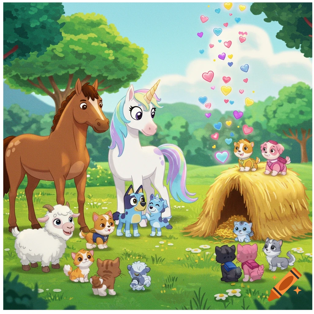 Cartoon unicorn, horse, goat, Bluey, Paw Patrol pups, and kittens in a grassy field with floating hearts.