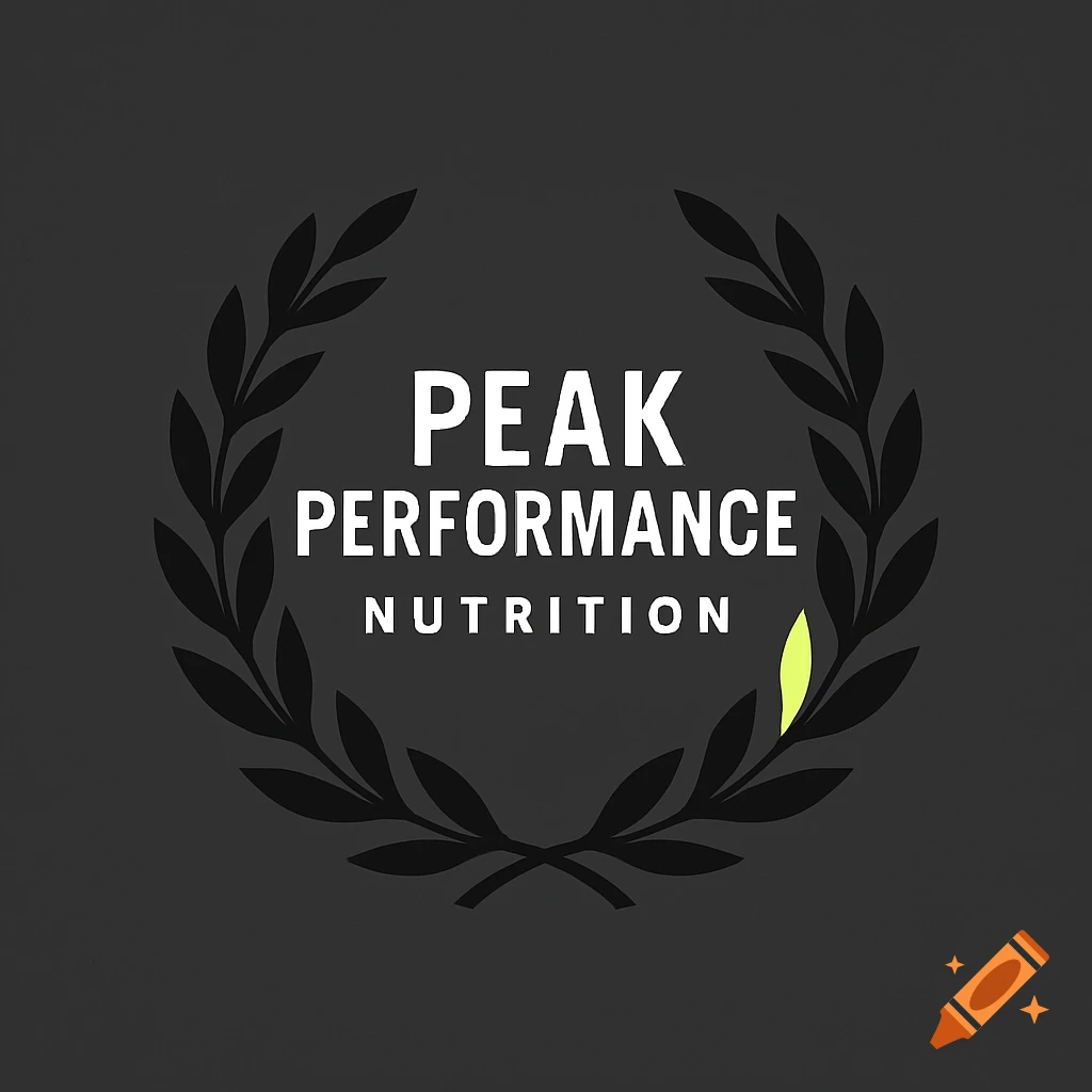 A logo featuring 'PEAK PERFORMANCE NUTRITION' in white text, encircled by a black laurel wreath with a small yellow-green accent on a dark grey background.