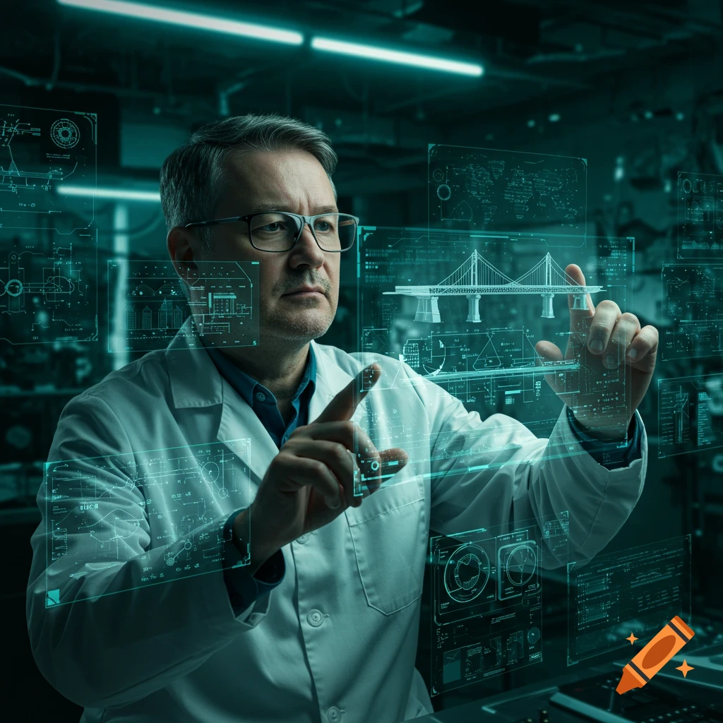 Male engineer in a lab coat interacting with glowing holographic screens displaying technical data and a bridge schematic.