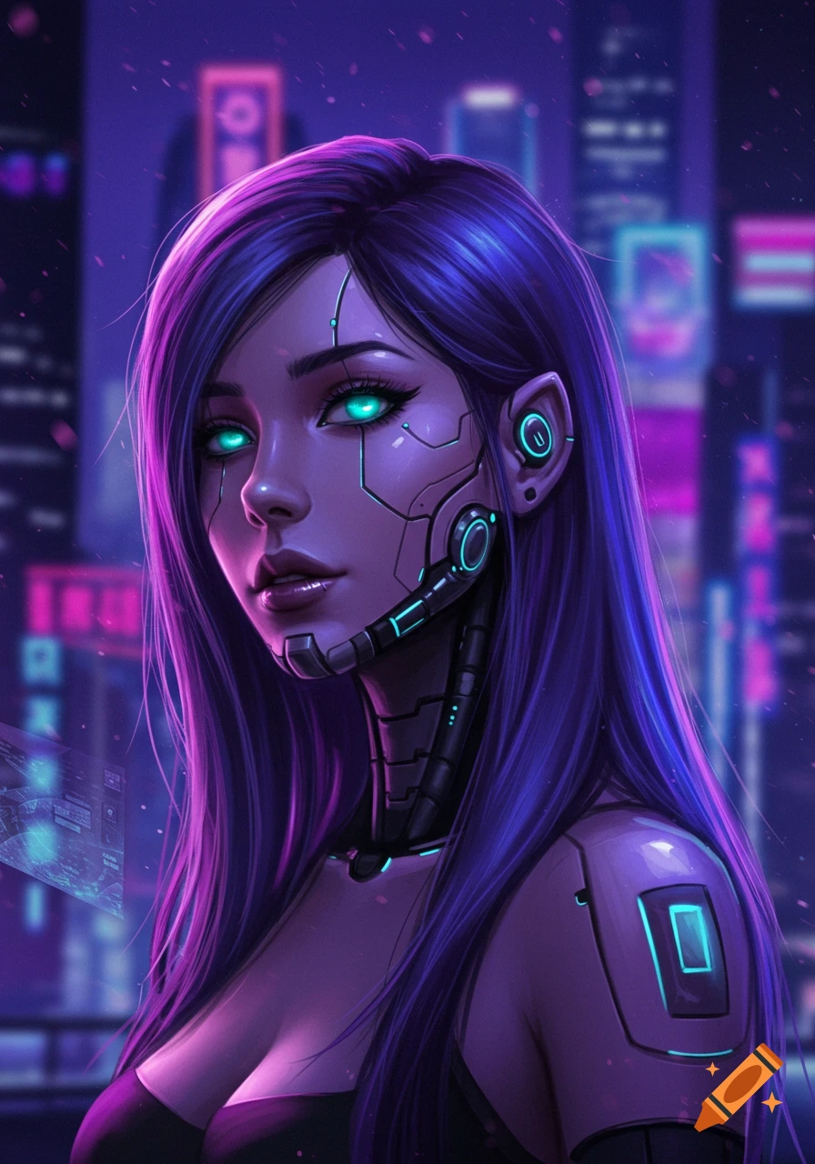 A cyberpunk cyborg woman with long violet hair, glowing green eyes, and facial implants against a neon city backdrop. Digital art.