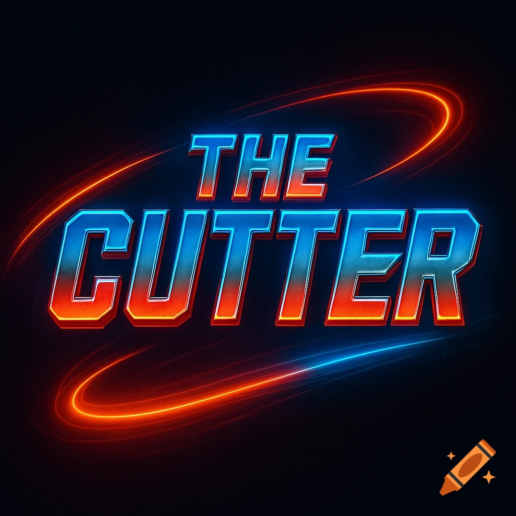 Neon logo for 'THE CUTTER' in a retro 1980s action film style, with glowing orange and blue text and light trails on a dark background.