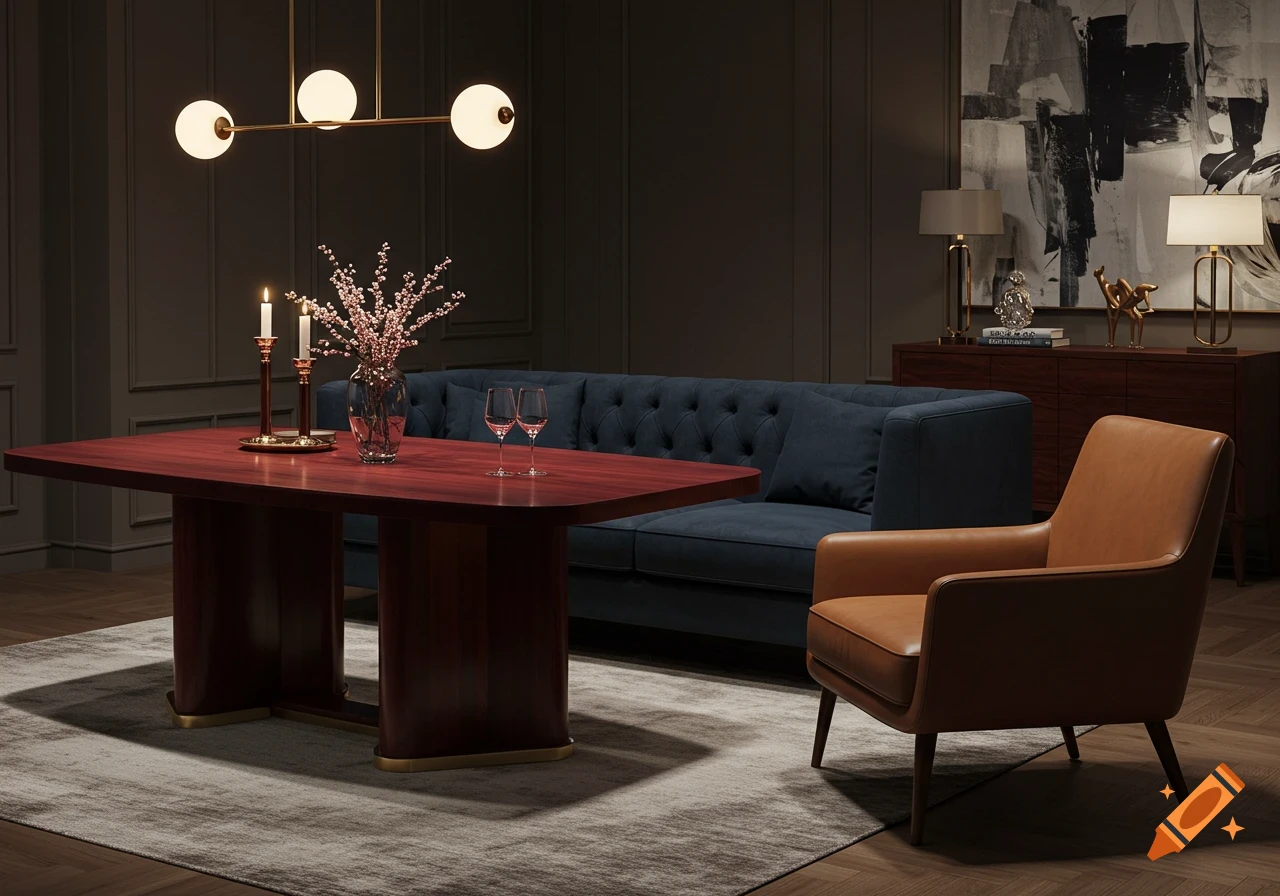 A dimly lit modern dining and living room with a red wooden table, a dark blue tufted sofa, and a cognac leather armchair on a rug.
