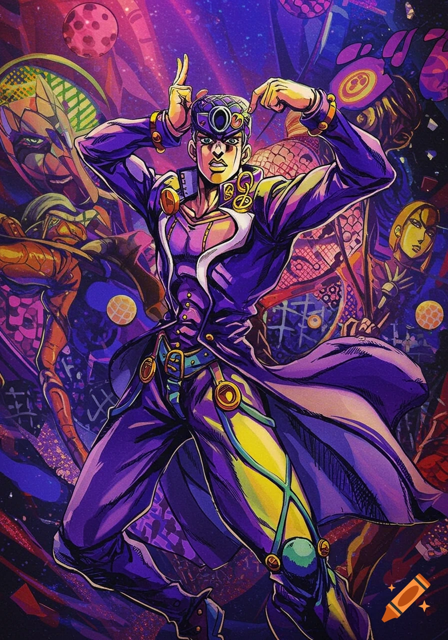 Dynamic anime illustration of a man in a purple suit with yellow accents, posing against a vibrant, abstract background.