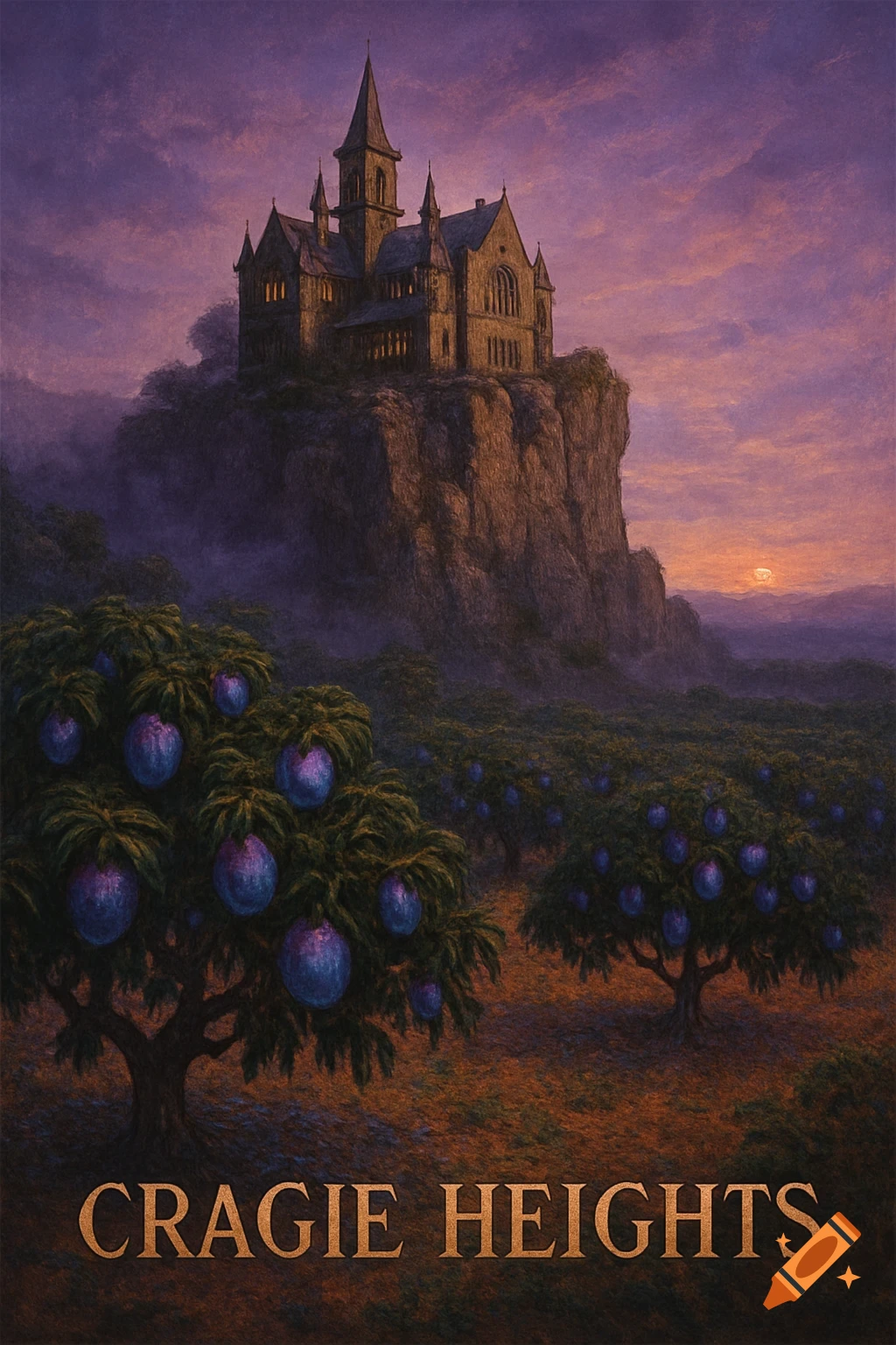 Painterly image of a dark castle on a cliff at dusk, with trees bearing glowing blue-purple fruits in the foreground. Text 'CRAGIE HEIGHTS'.
