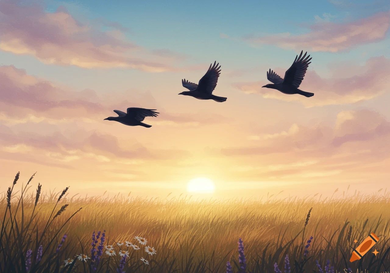 Three black birds fly over a golden field with wildflowers under a pastel sunset sky in a digital painting.
