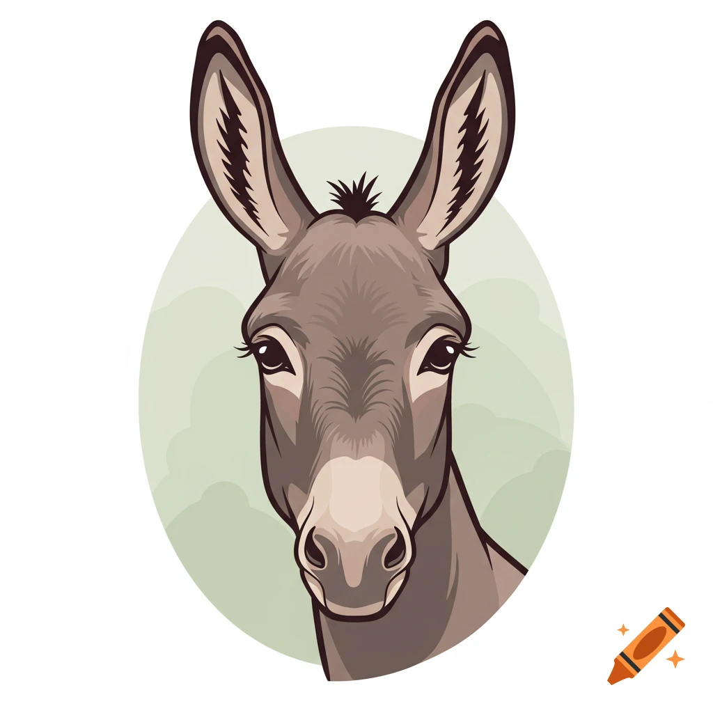 Vector illustration of a brown donkey's head with large ears, facing forward, within a light green circular background.