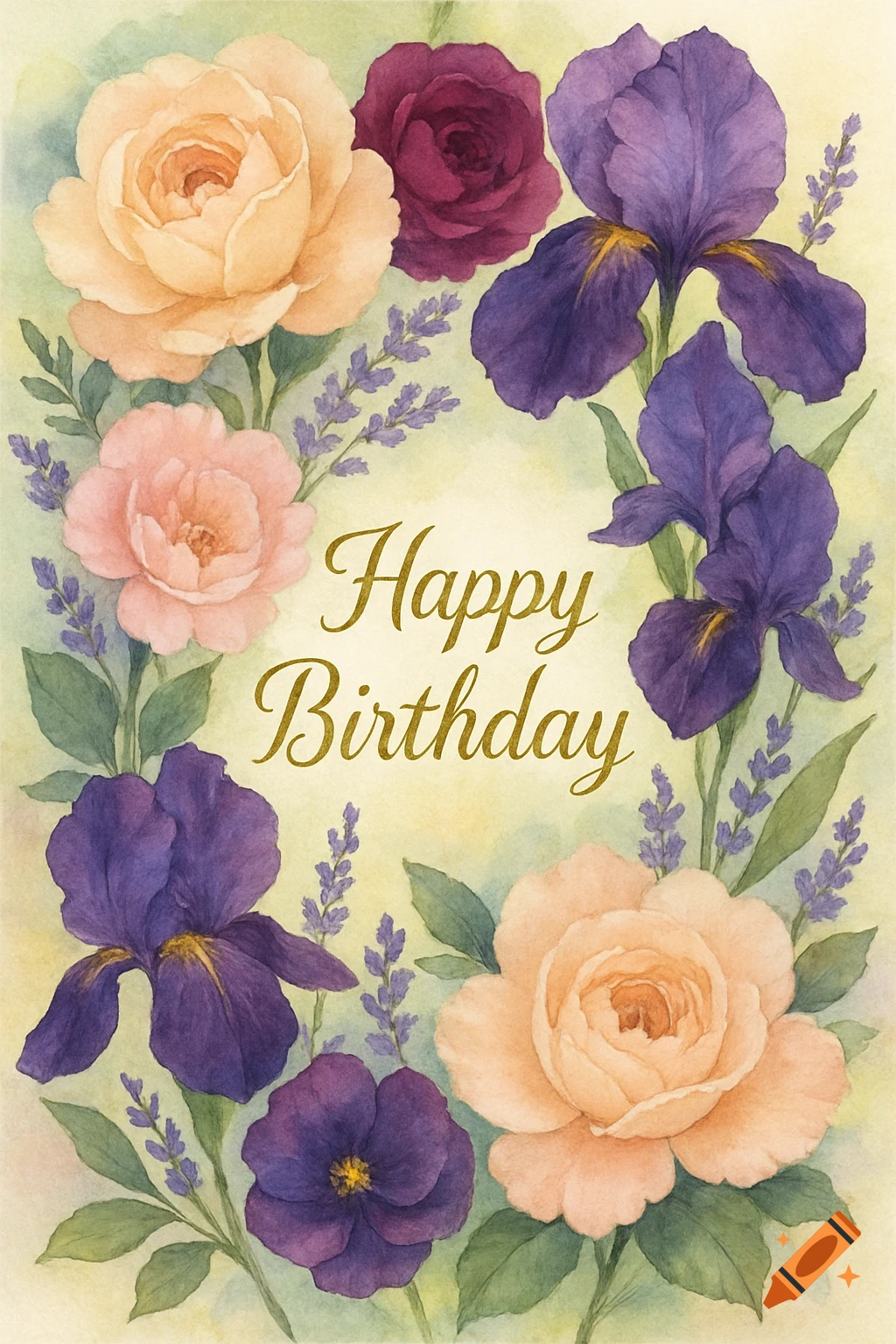 Watercolor illustration of a floral border with roses, irises, and lavender around the text 'Happy Birthday'.