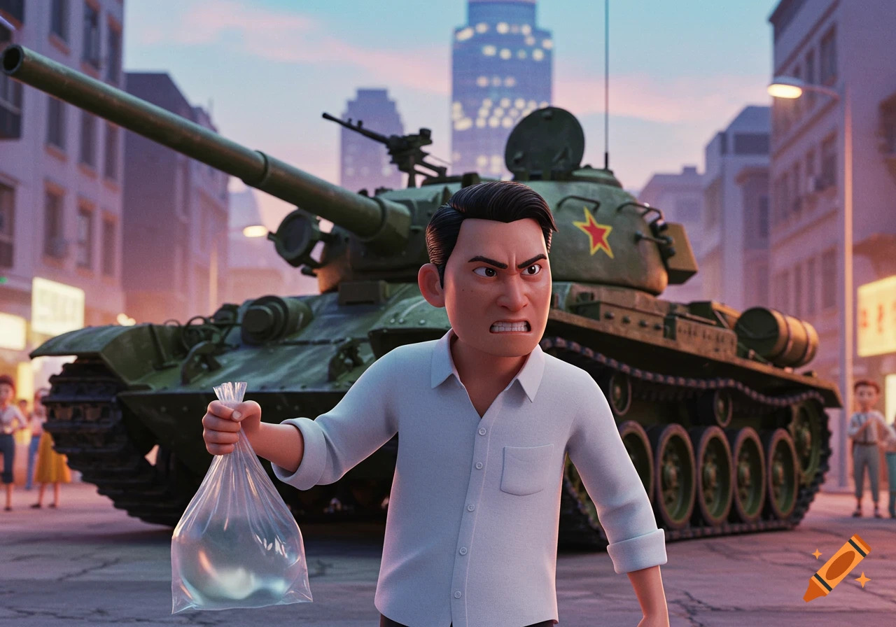 An angry Pixar-style Asian man holds a plastic bag on a city street, facing a green tank with a red star.