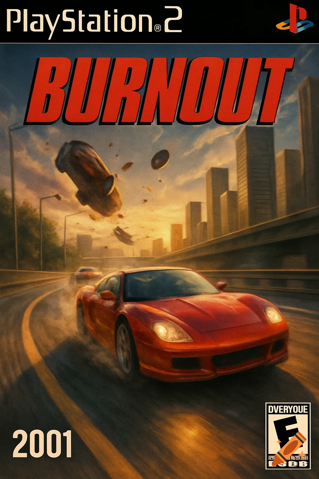 Game cover for Burnout 2001 on PlayStation 2, featuring a red sports car racing on a highway at sunset, with a car crashing in the background.