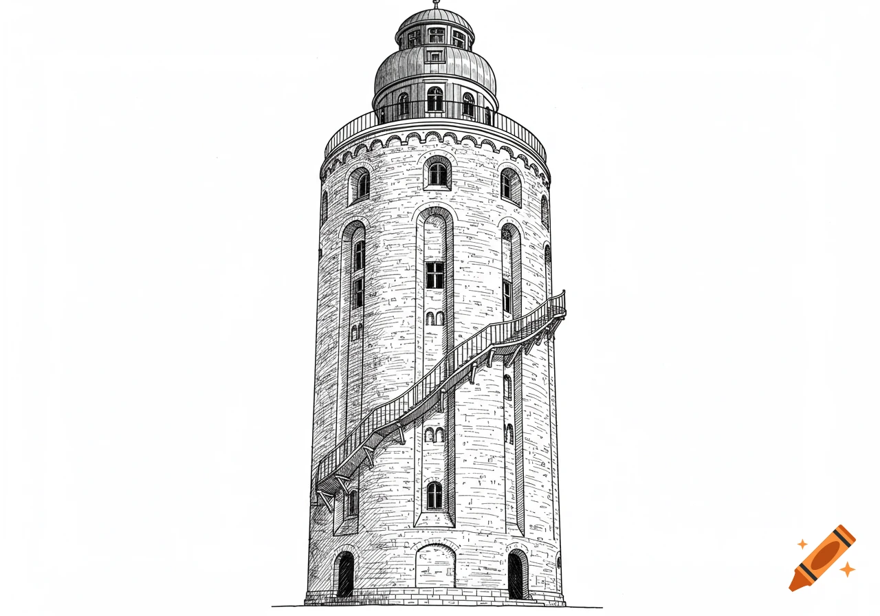 An outlined sketch of the Rundetårn, a cylindrical stone tower with a domed roof and an external spiral staircase.