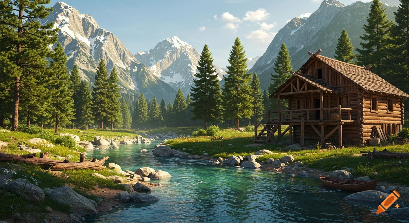 Photorealistic view of a rustic log cabin by a clear river, surrounded by pine trees with snow-capped mountains.