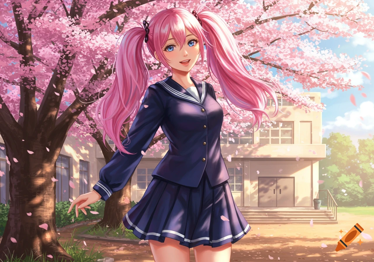 An anime girl with pink pigtails in a school uniform smiles under cherry blossom trees outside a school building.