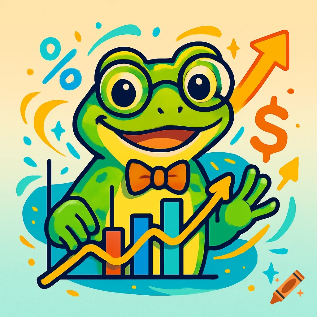 A cute cartoon frog mascot with glasses and a bow tie smiles in front of a colorful financial bar chart with an upward trend line, dollar and percentage signs.