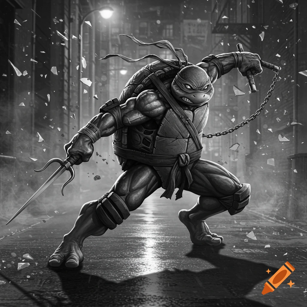 A black and white comic art of a muscular Teenage Mutant Ninja Turtle in a dynamic fighting pose with weapons in a dark alley with shattered glass.