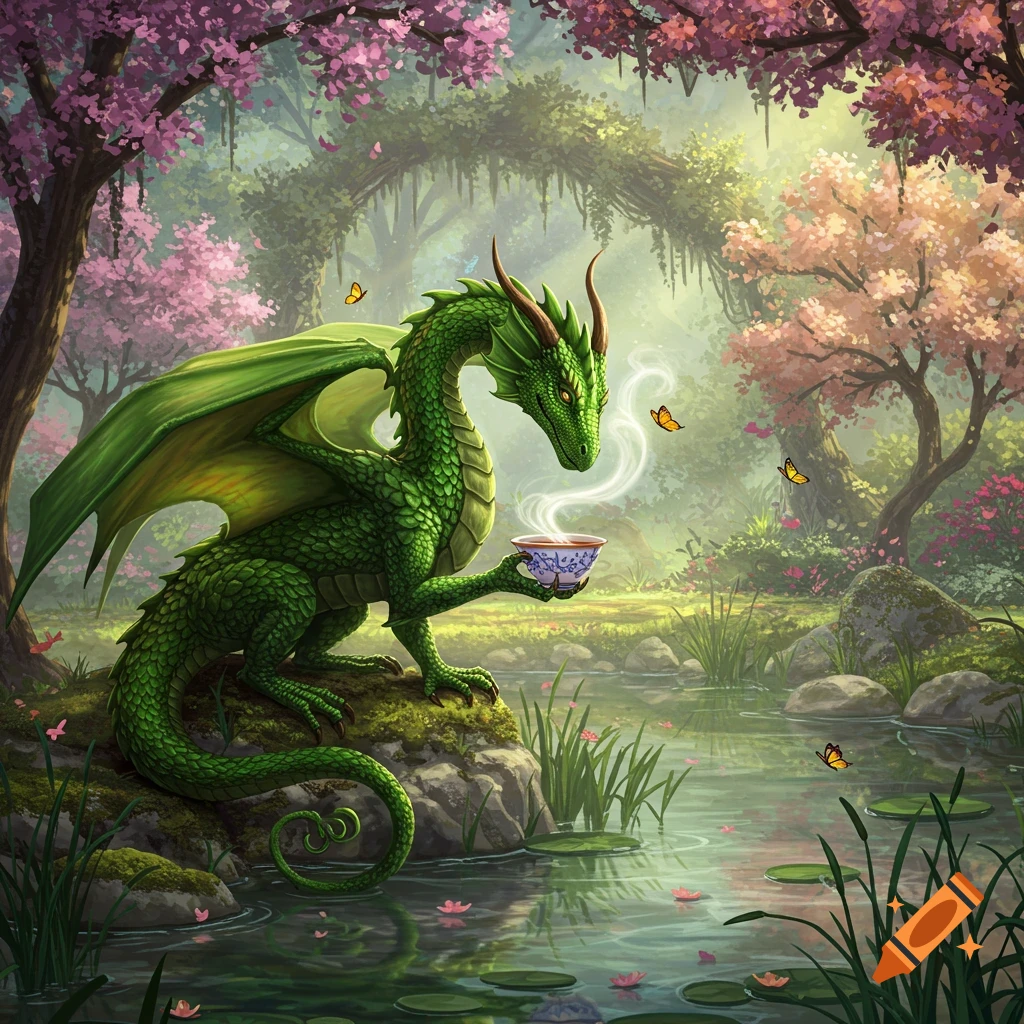 An emerald green dragon sits by a pond, holding a steaming tea cup in a lush, vibrant forest with cherry blossoms and butterflies.
