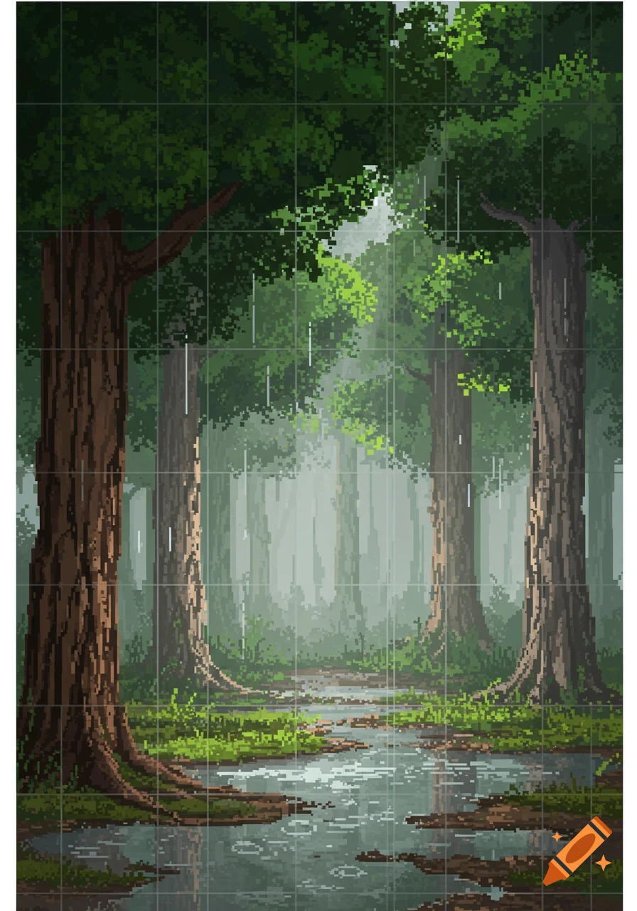 Pixel art forest path in the rain with puddles.