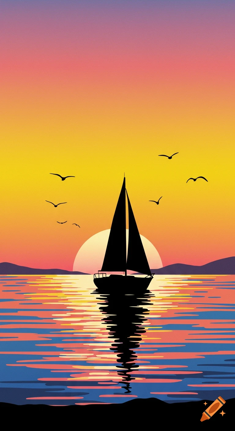 Minimalist illustration of a black sailboat silhouette at sunset on a colorful gradient sky and stylized sea with birds.